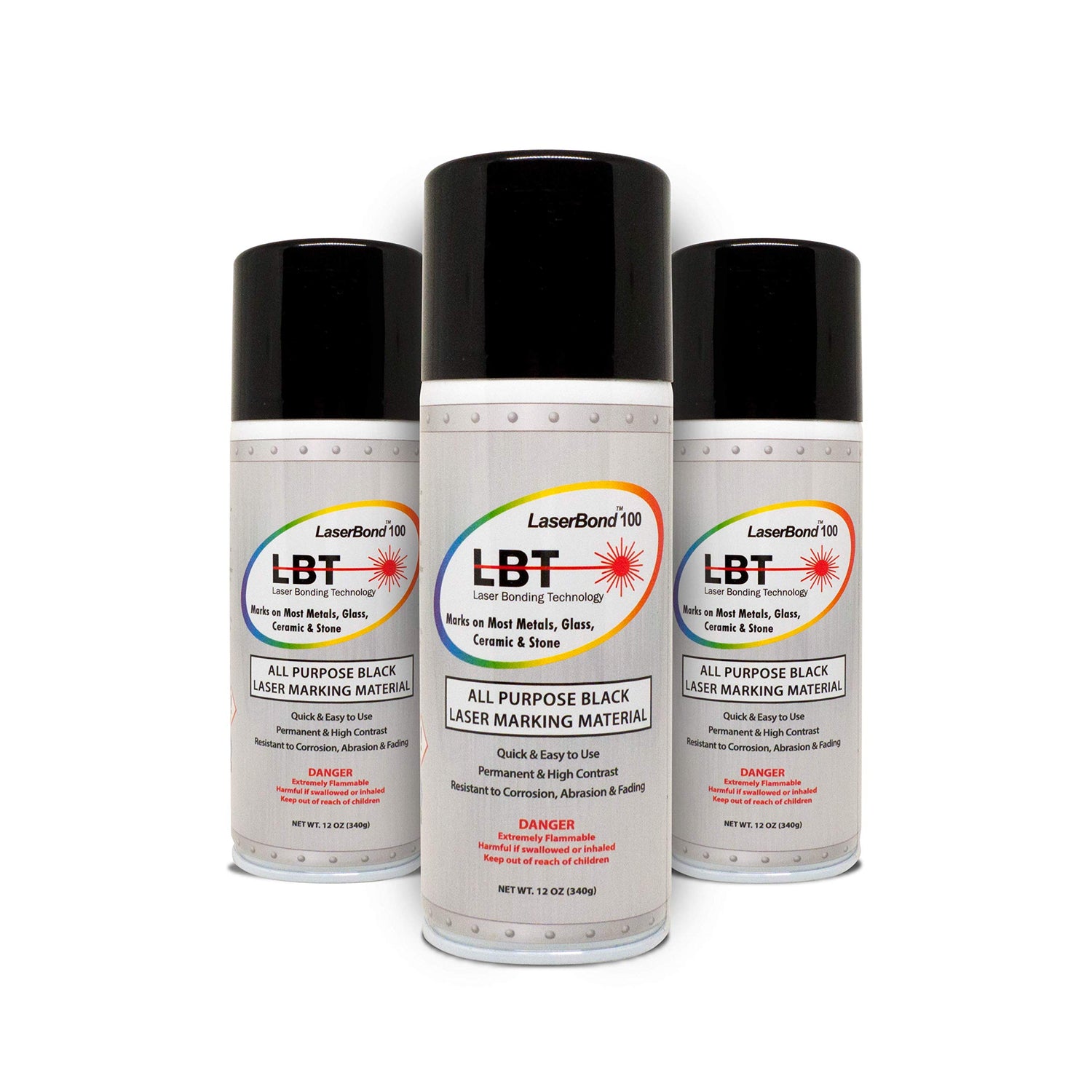 Aerosol Black Laser Marking Spray - LaserBond 100 (12 oz), (3 Pack) Works with All Laser Engravers, Printers | CO2, Fiber & YAG Laser | LBT 100 LaserBond