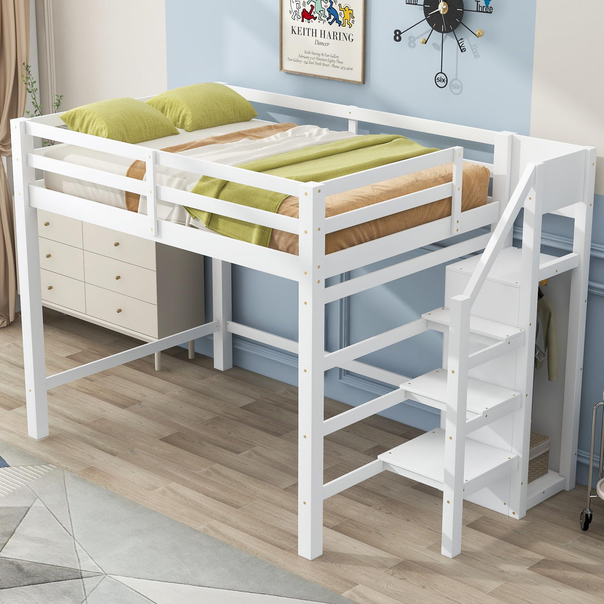 Harper & Bright Designs Full Size White Loft Bed with Stairs and Storage Wardrobe for Kids, Teens, and Adults Harper & Bright Designs