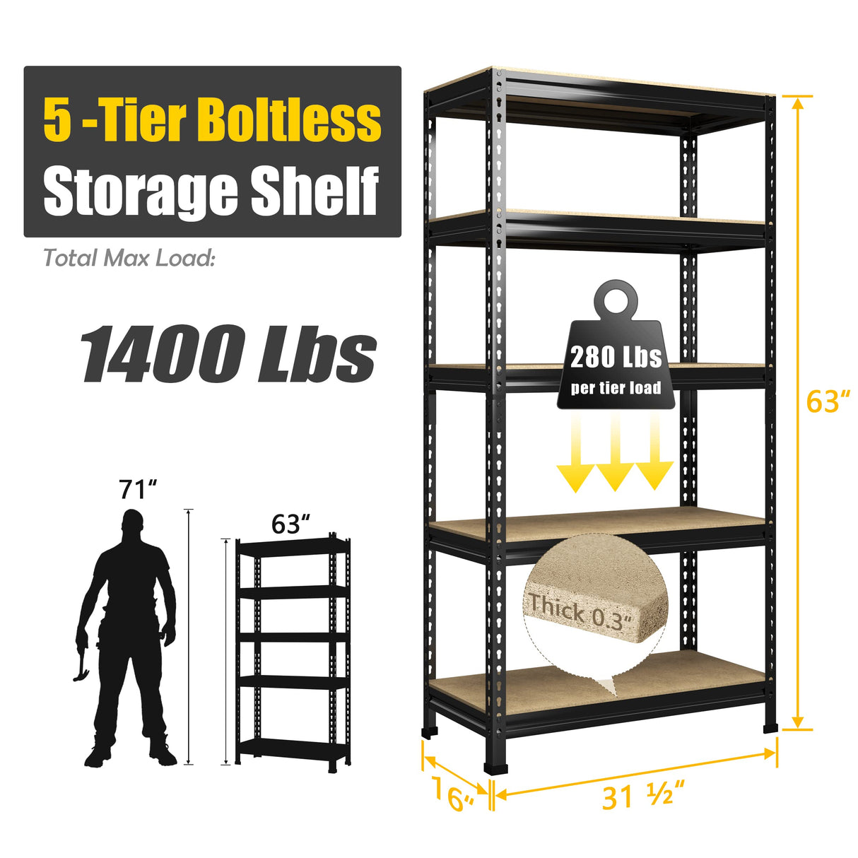 PrimeZone 32" W x 16" D x 63" H Storage Shelves - 5 Tier Adjustable Garage Storage Shelving, Heavy Duty Metal Storage Utility Rack Shelf Unit for PrimeZone