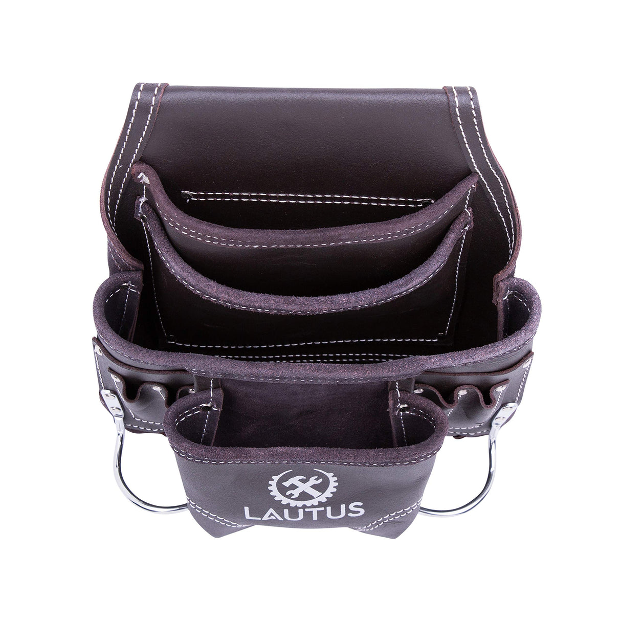 LAUTUS Oil Tanned Leather Tool Pouch Bag | Carpenter, Construction, Framers, Handyman | 10 Pockets, 2 Hammer Holders | 100% Leather Dark Brown LAUTUS