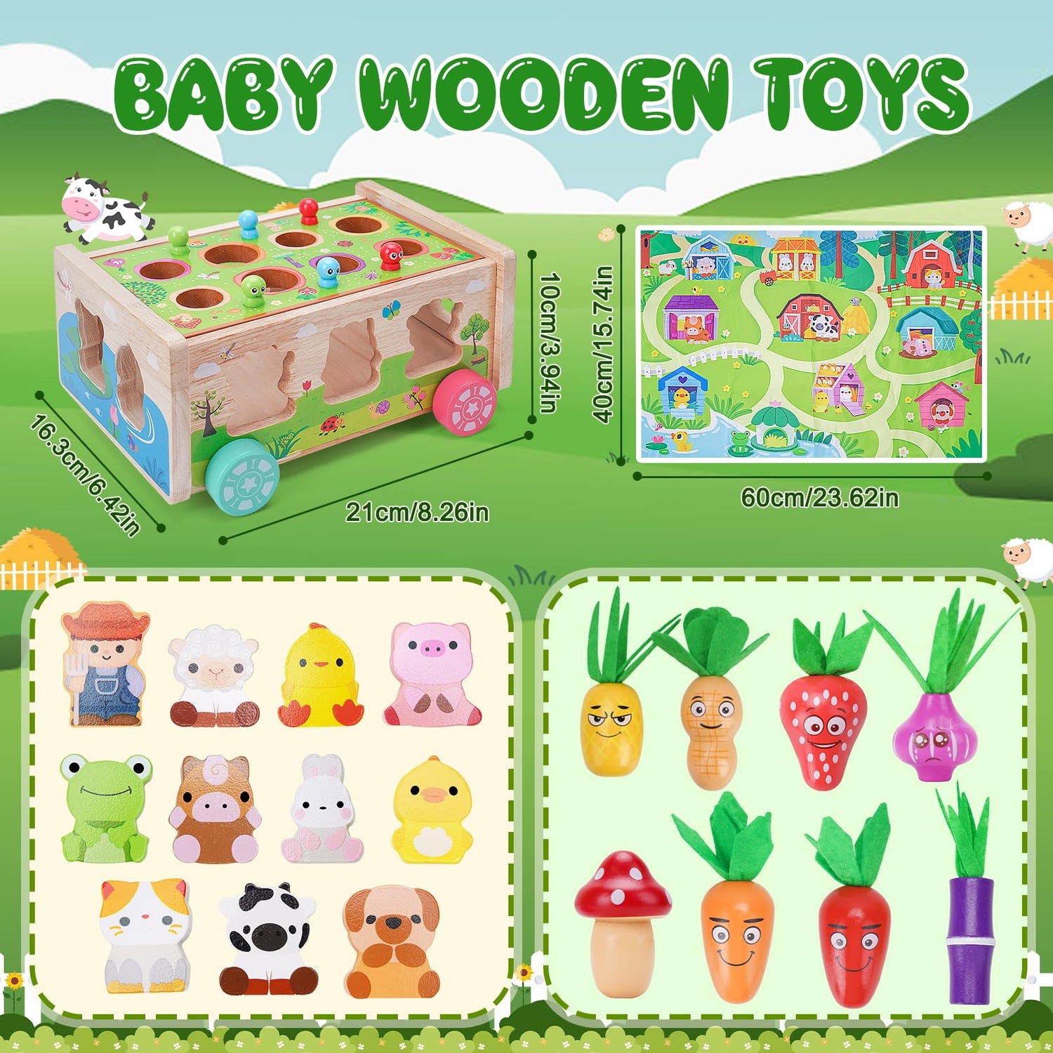 Toddler Montessori Wooden Farm Toys | Babies 12-18 Months Toy with Game Map for 1 2 3 Year Old Boys Girls | 1st First Birthday Gifts for 1-2 Years | KMTJT