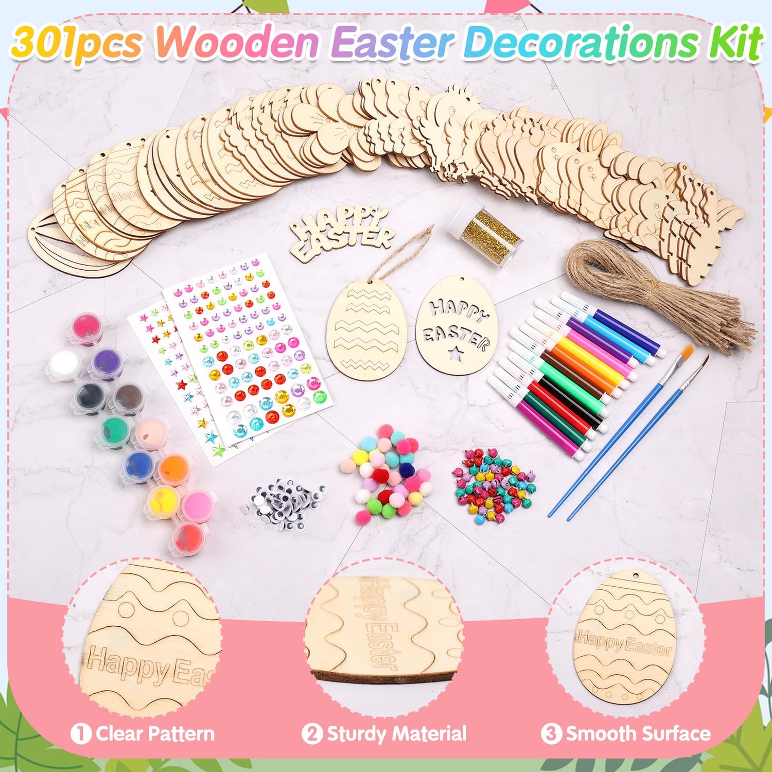 Sublaga 301 PCS Easter Wooden Hanging Ornaments Unfinished Wood Slices Eggs Easter Crafts for Kids DIY Easter Decorations Party Supplies Decor (301) Sublaga
