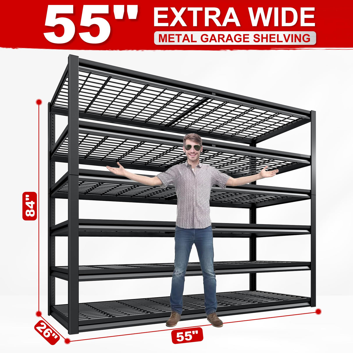 REIBII 55"W Garage Shelving Units and Storage Shelves Heavy Duty Shelving, 3500LBS Garage Storage Shelves 6-Tier Adjustable Metal Shelves for Storage REIBII