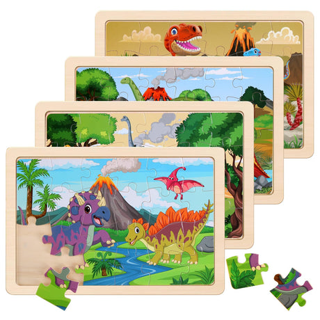 Wooden Puzzles Dinosaur Toys for Kids Ages 3-5, Set of 4 Packs with 24-Piece Wood Jigsaw Puzzles, Preschool Educational Brain Teaser Boards for Boys NASHRIO