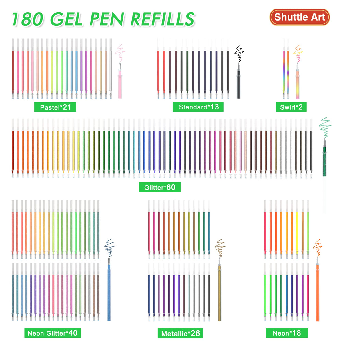 Gel Pen Refills, Shuttle Art 180 Colors (No Duplicates) Gel Pen Refill ...