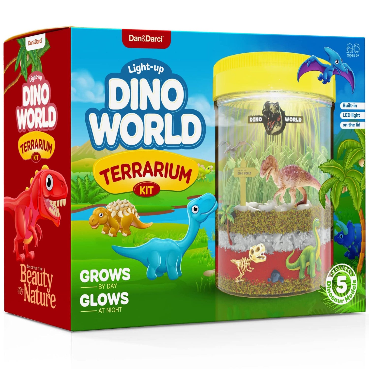 Dino World Terrarium Kit for Kids - LED Light in Lid - Dinosaur Toys for Boys & Girls Age 3, 4, 5, 6, 7, 8+ Year Old Boy and Girl Gifts - Dinosaur Dan&Darci