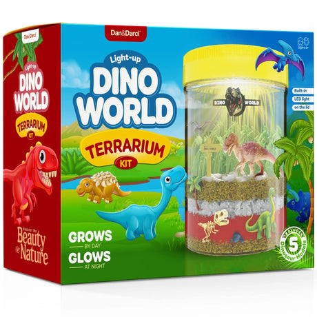 Dino World Terrarium Kit for Kids - LED Light in Lid - Dinosaur Toys for Boys & Girls Age 3, 4, 5, 6, 7, 8+ Year Old Boy and Girl Gifts - Dinosaur Dan&Darci