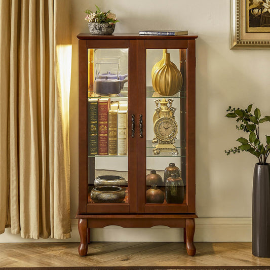 Aracari Curio Cabinet with Glass Doors, Glass Display Cabinet Case, Lighted Curio Cabinet with Adjustable Shelves and Mirrored Back Panel t for