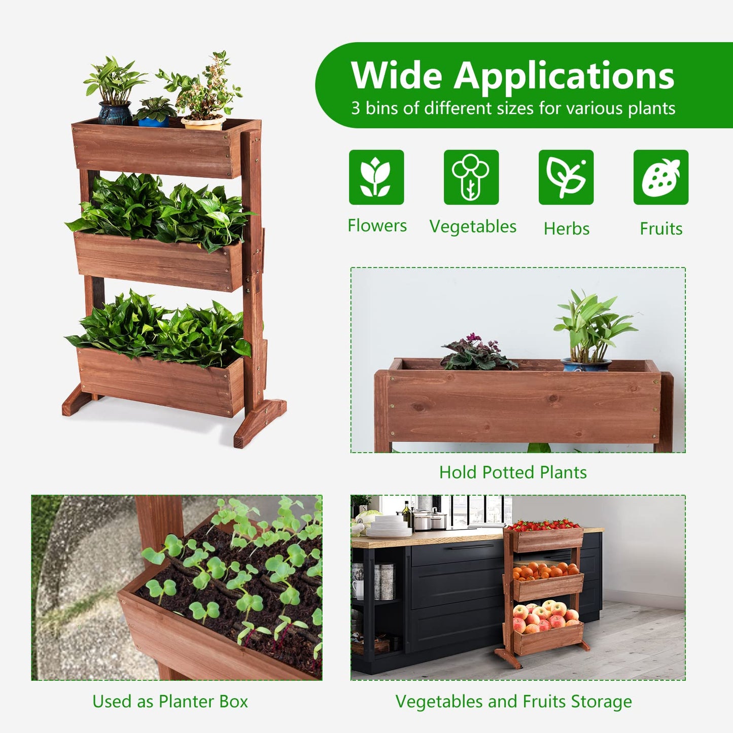 S AFSTAR Wooden Vertical Raised Garden Bed, 3 Tiers Tiltable Elevated Garden Planter w/3 Drainage Container Boxes & Tiltable Planter, Standing