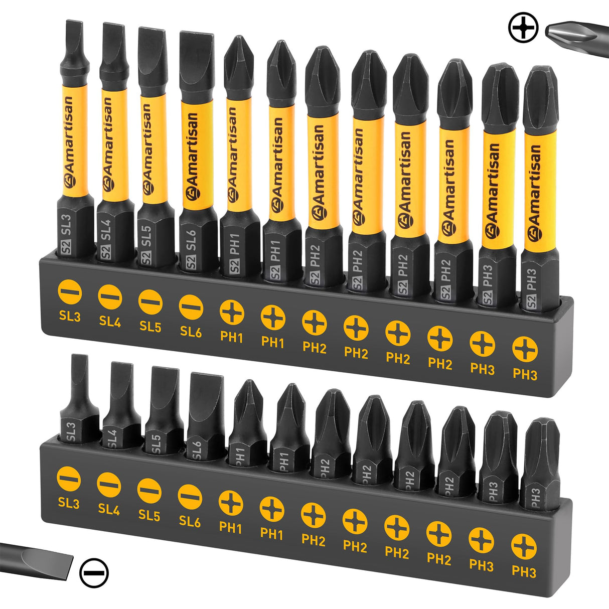 Amartisan 24-piece Screwdriver Bit Set | Magnetic Slotted Phillips driver bit set | S2 Steel, long 1" and 2.3" Head Drill Bits Set Amartisan