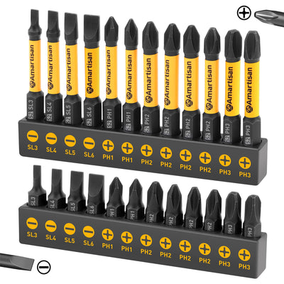 Amartisan 24-piece Screwdriver Bit Set | Magnetic Slotted Phillips driver bit set | S2 Steel, long 1" and 2.3" Head Drill Bits Set
