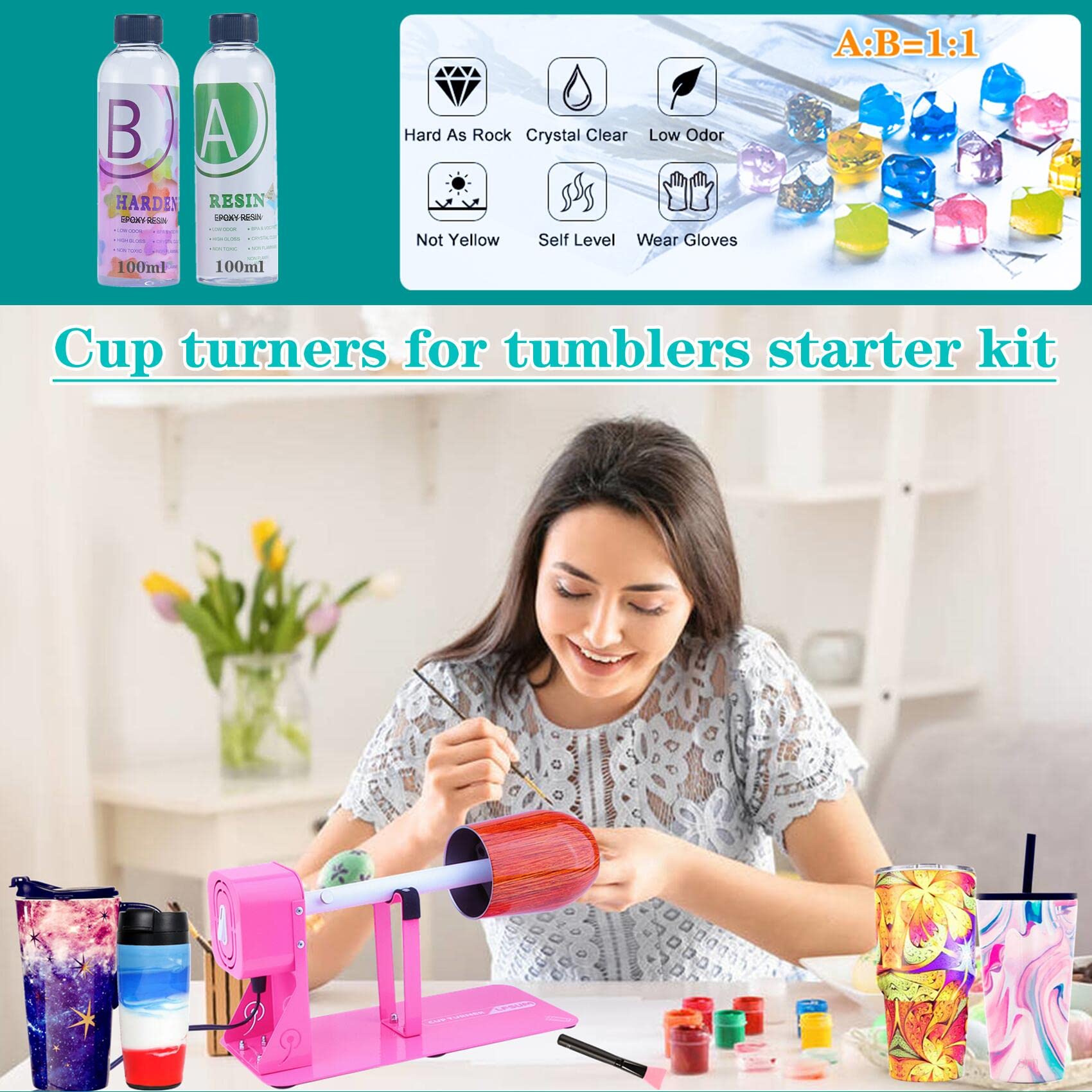 LFSUM Cup Turner for Crafts Tumbler,Tumbler Cup Spinner,Glitter Powder,Epoxy Resin Kit for Tumblers for Beginners with Epoxy and Heat Gun (Pink)