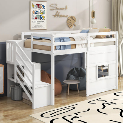 Harper & Bright Designs Twin Low Loft Bed with Storage Staircase and Window - White Wooden Frame for Kids - WoodArtSupply