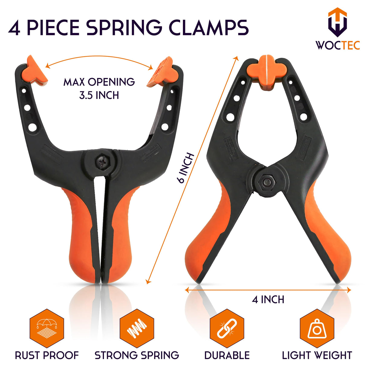 WOCTEC 4-Pack Spring Clamps Heavy Duty - 6 Inch Large Plastic Clamps for Crafts and Pool Cover Clips with 3 Inch Jaw Opening- Wodworking Clamps for Woctec