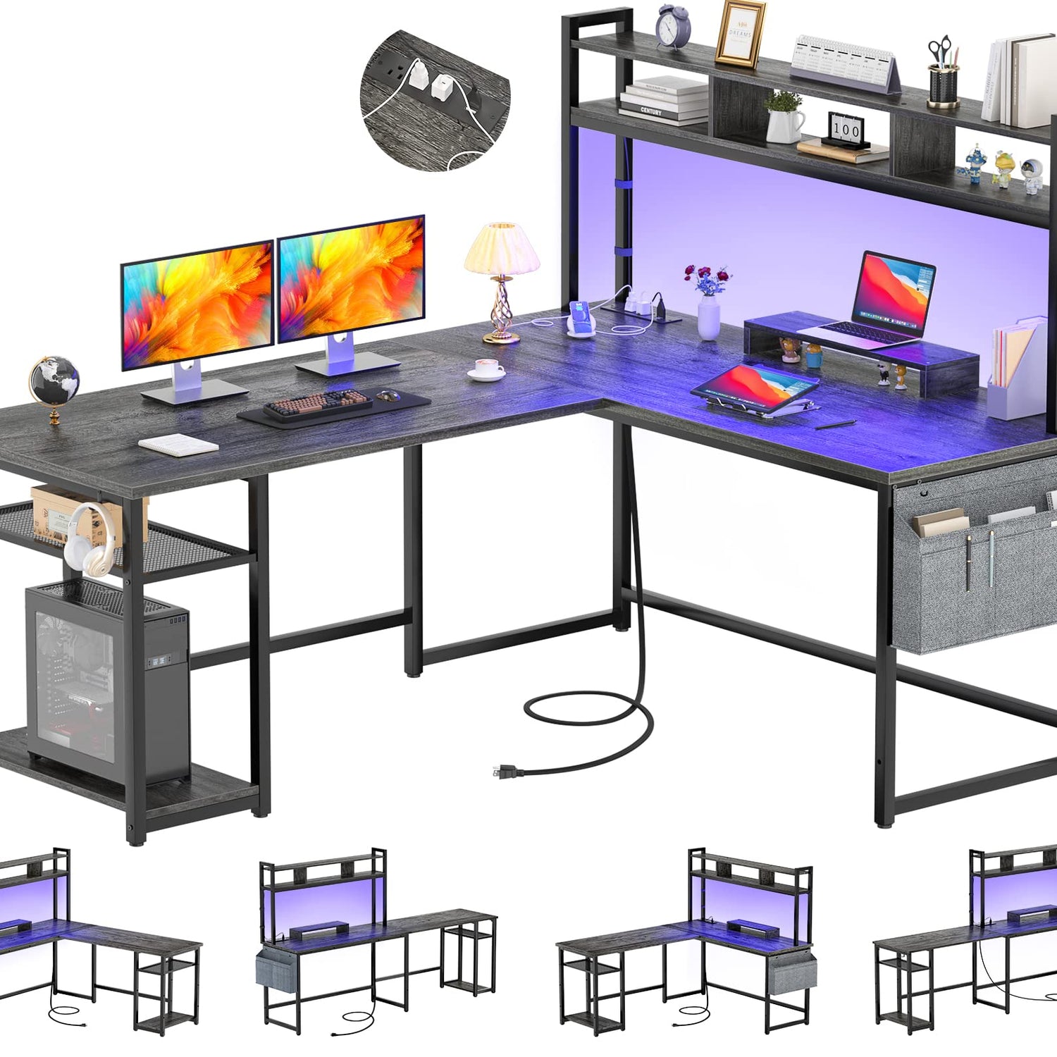 Aheaplus L Shaped Desk with Power Outlet, LED Strip & Storage Shelf for Gaming and Home Office Aheaplus