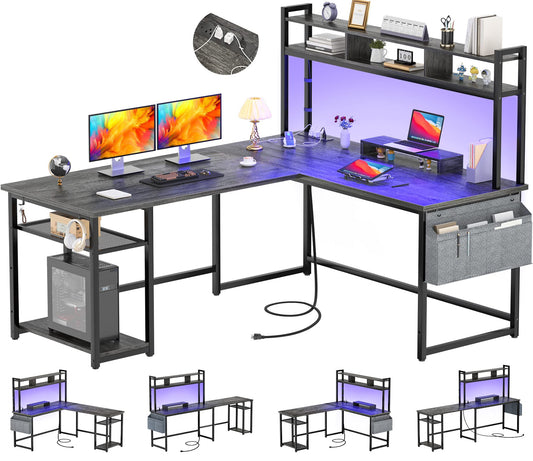 Aheaplus L Shaped Desk with Power Outlet & LED Strip, Reversible L-Shaped Corner Computer Desks Gaming Desk with Storage Shelf & Monitor Stand,