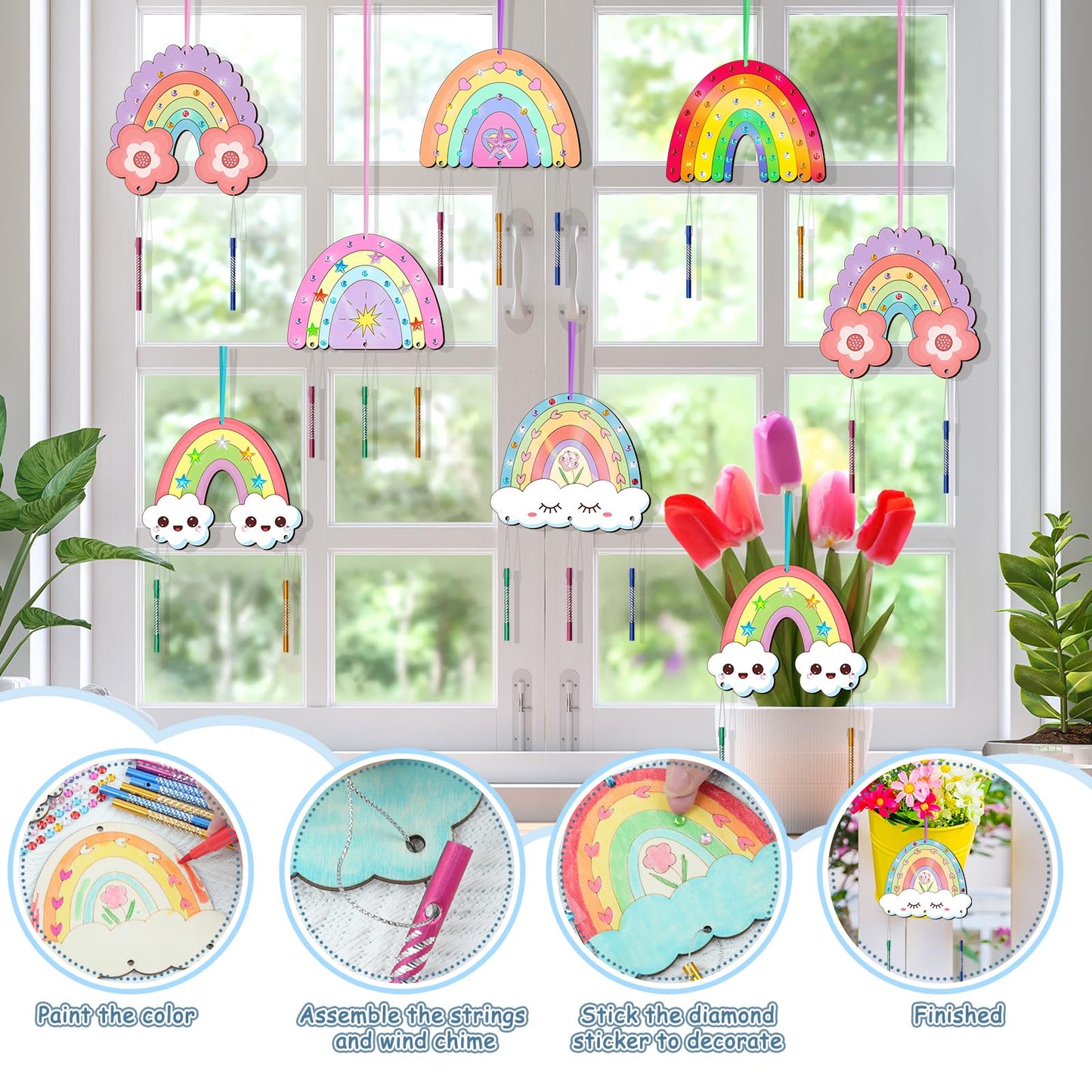 12 Pack Wind Chime Crafts for Kids, Make Your Own Boho Rainbow Wind Chime Kit DIY Coloring Wooden Craft Unfinished Rainbow Wood Ornaments for Girls - WoodArtSupply