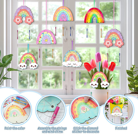12 Pack Wind Chime Crafts for Kids, Make Your Own Boho Rainbow Wind Chime Kit DIY Coloring Wooden Craft Unfinished Rainbow Wood Ornaments for Girls TREACLUB