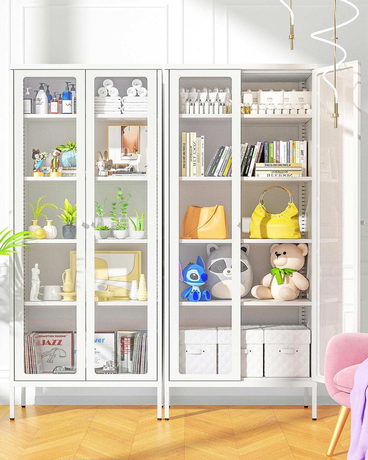 Greenvelly White Metal Storage Cabinet, Tall Curio Display Glass Cabinet Bookcase with 2 Glass Doors and 4 Shelves, Modern Floor Utility Locker for