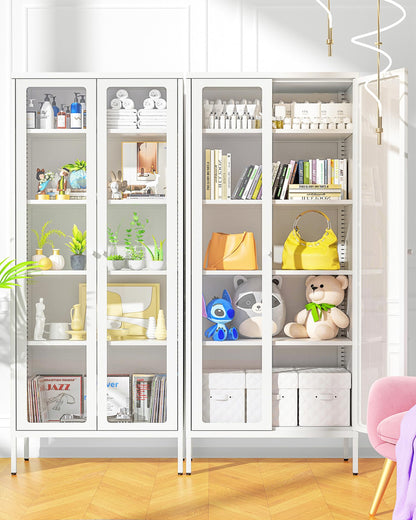 Greenvelly White Metal Storage Cabinet, Tall Curio Display Glass Cabinet Bookcase with 2 Glass Doors and 4 Shelves, Modern Floor Utility Locker for