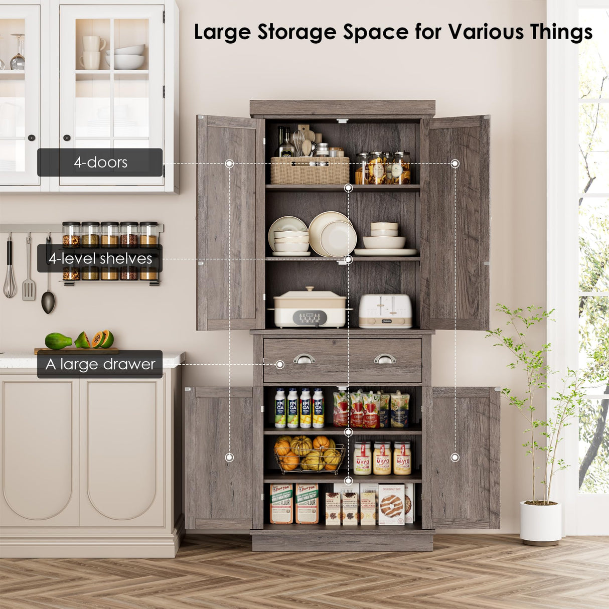 FOTOSOK 72" Kitchen Pantry Storage Cabinets with Drawer, Freestanding Cupboard with 4 Doors, Drawer, 4 Shelves, Utility Pantry Cabinet for Kitchen, FOTOSOK