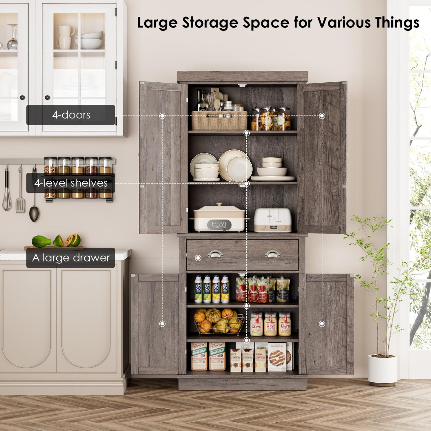 FOTOSOK 72" Kitchen Pantry Storage Cabinets with Drawer, Freestanding Cupboard with 4 Doors, Drawer, 4 Shelves, Utility Pantry Cabinet for Kitchen,