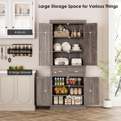 FOTOSOK 72" Kitchen Pantry Storage Cabinets with Drawer, Freestanding Cupboard with 4 Doors, Drawer, 4 Shelves, Utility Pantry Cabinet for Kitchen,