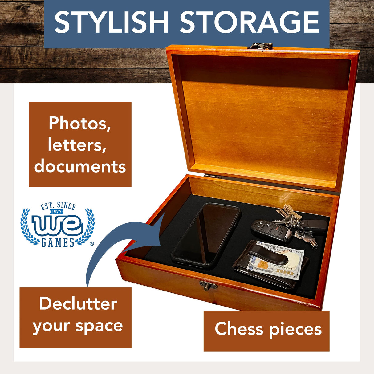 WE Games Custom Engravable Wooden Keepsake Storage Box, Decorative Memory Box, Storage with Brass Fixtures, Storage for Photos, Stationary, Jewelry, WE Games