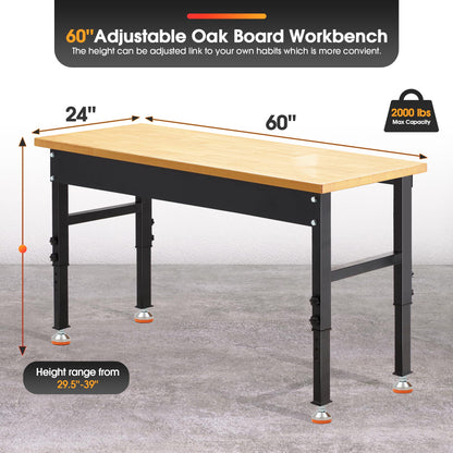 Antifir 60" Adjustable Workbench,Heavy Duty Workstation with Rubber Wood Top, 2000 LBS Load Capacity Hardwood Garage Workbench for - WoodArtSupply