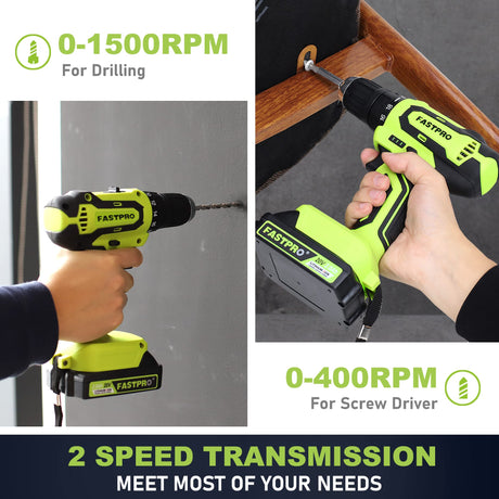 FASTPRO 20V Max Cordless Drill set, 3/8 in. Power Drill Driver kit with One 1.5 Ah Lithium-ion Batteries, Charger and Tool Bag, Green FASTPRO