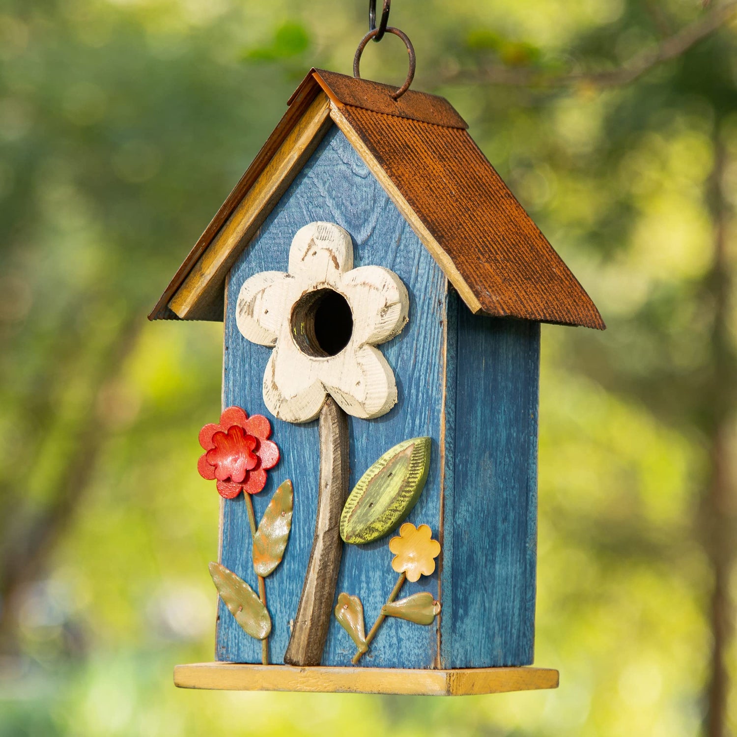 glitzhome GH90097 Distressed Decorative Solid Wood Birdhouse, 10.25 Inch Tall, Blue glitzhome
