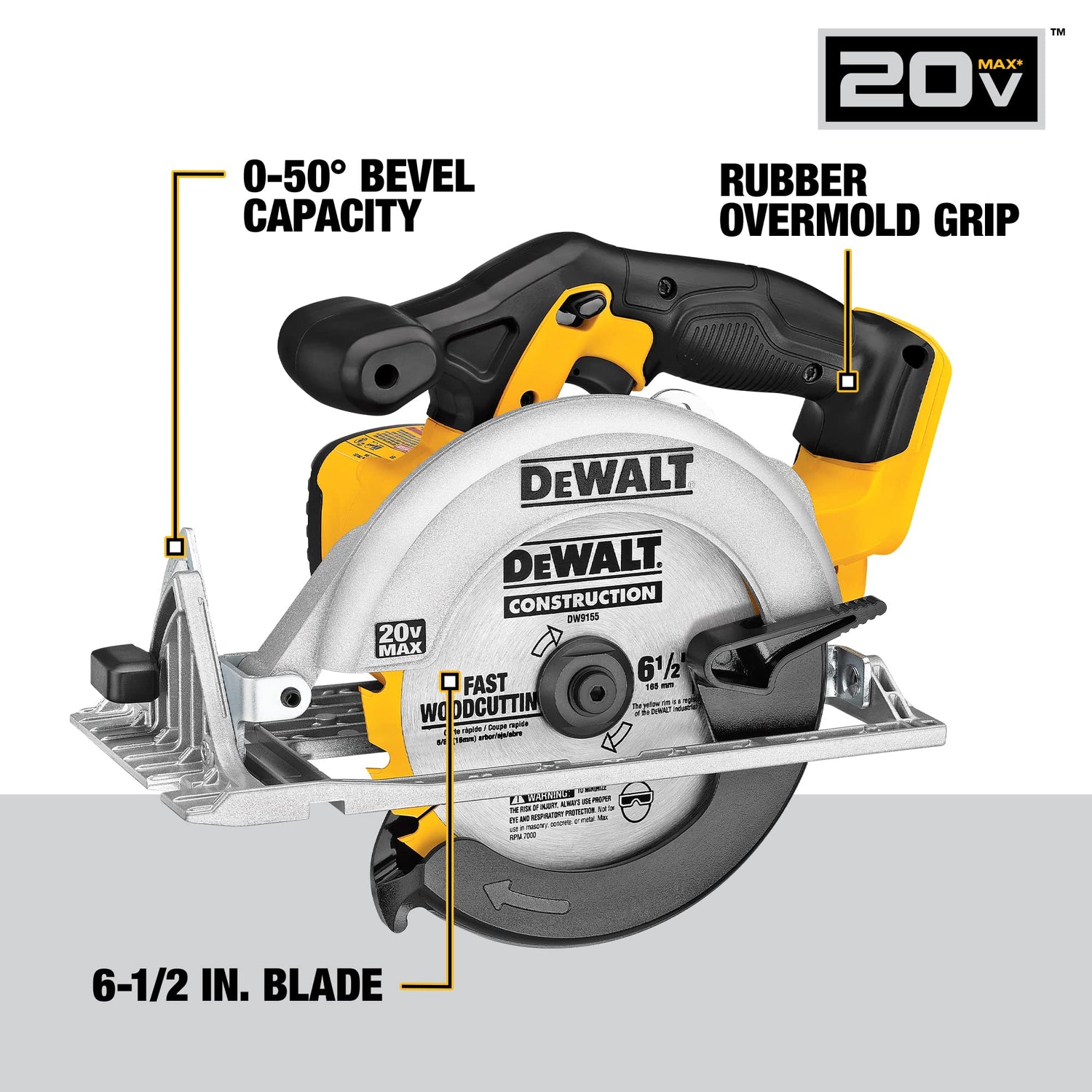 DEWALT 20V MAX Circular Saw, 6-1/2-Inch Blade, 460 MWO Engine, 0-50 Degree Bevel Capability, Bare Tool Only (DCS391B) DEWALT