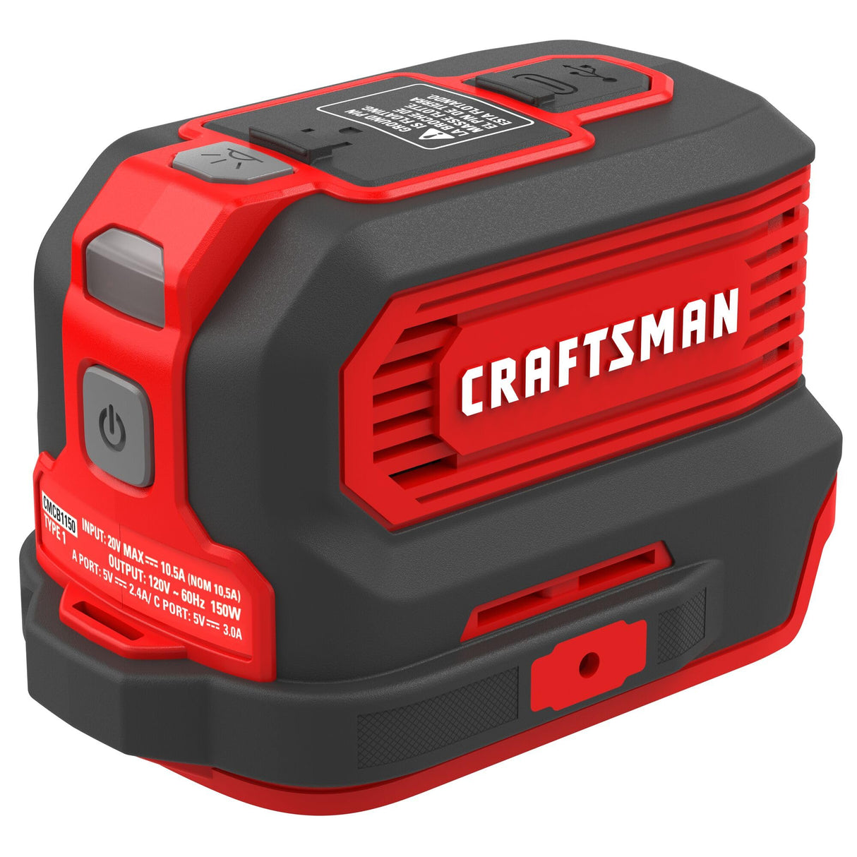 CRAFTSMAN V20 Charger, Power Inverter, Charging Ports for Type-C, Type-A, and AC, 150 Watts, Bare Tool Only (CMCB1150B) Craftsman