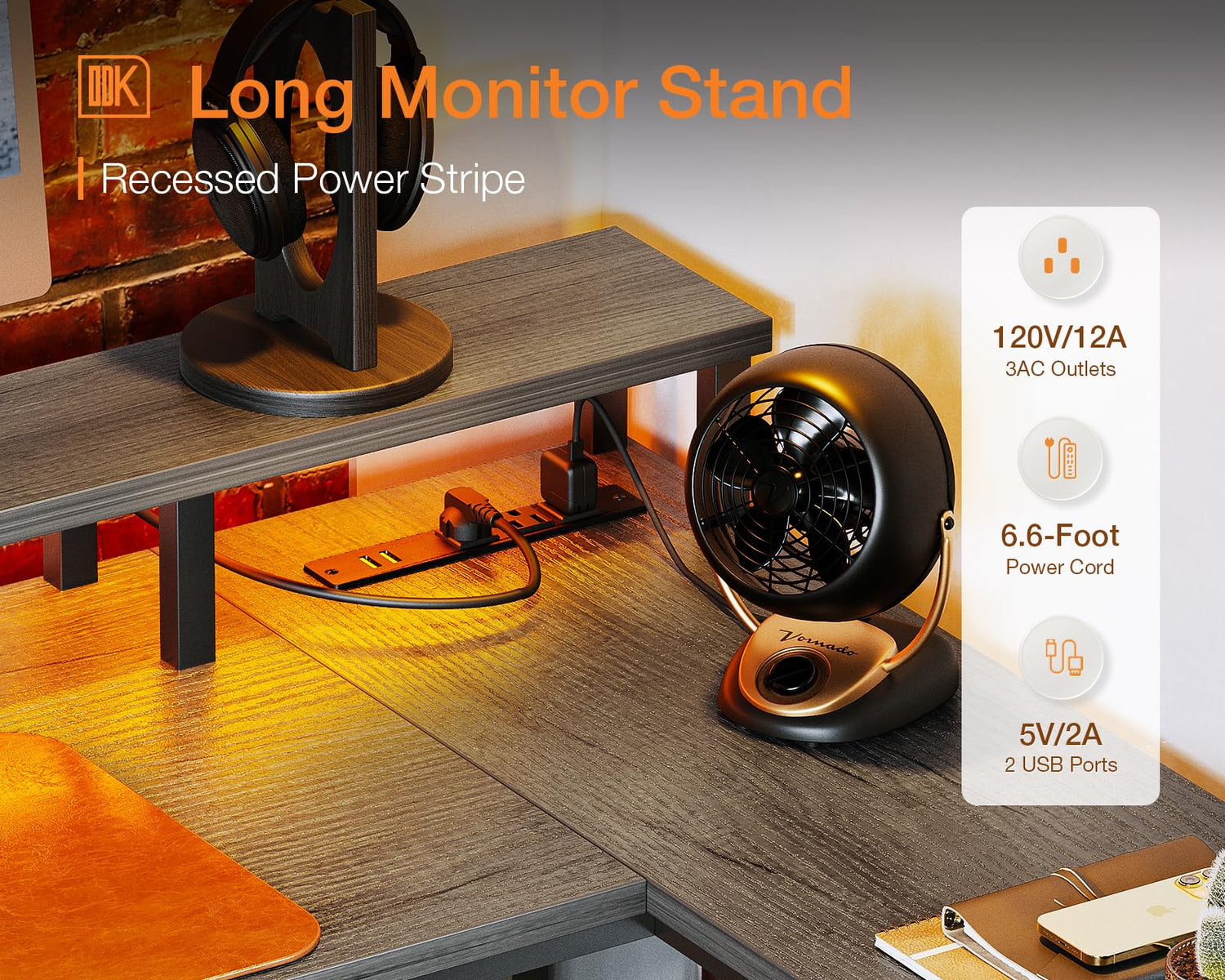 ODK 75" Reversible L Shaped Desk with LED Lighting, Power Outlet & Ample Storage ODK