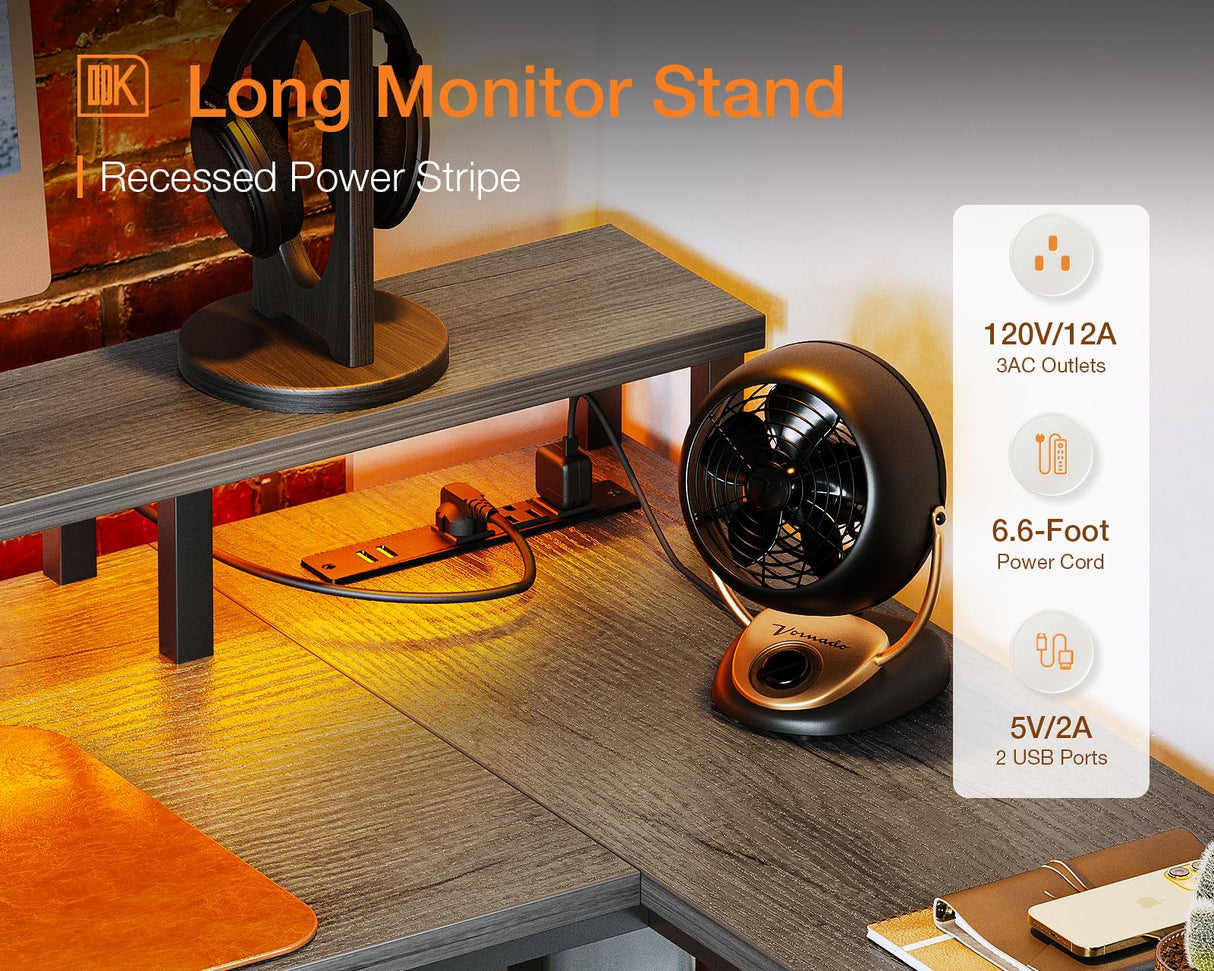 ODK 75" Reversible L Shaped Desk with LED Lighting, Power Outlet & Ample Storage ODK