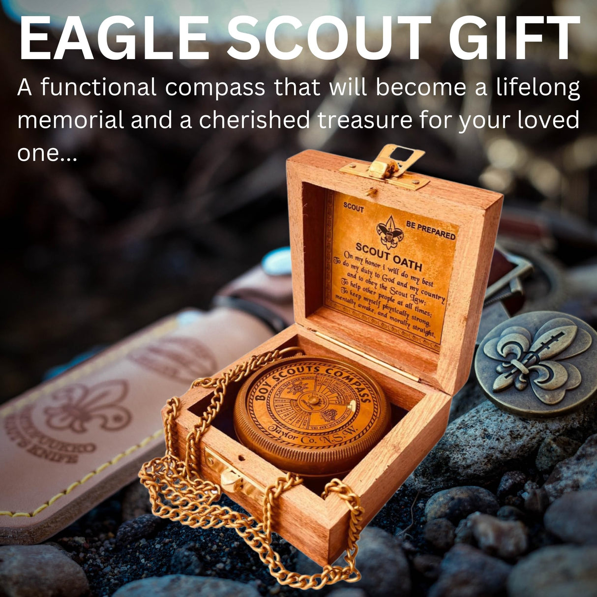 Boys Scout Compass Gift - Engraved Eagle Scout Oath Compass in Wood Box Scout Be Prepared Camping Orienteering Compass, Hiking Backpacking Compass ALADEAN
