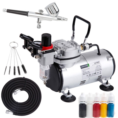 Timbertech Airbrush Kit with Compressor AS18-2K Basic Start Kit with Air Hose, Cleaning Brush & Test Paints for Hobby, Body Tattoo, Graphic and Any