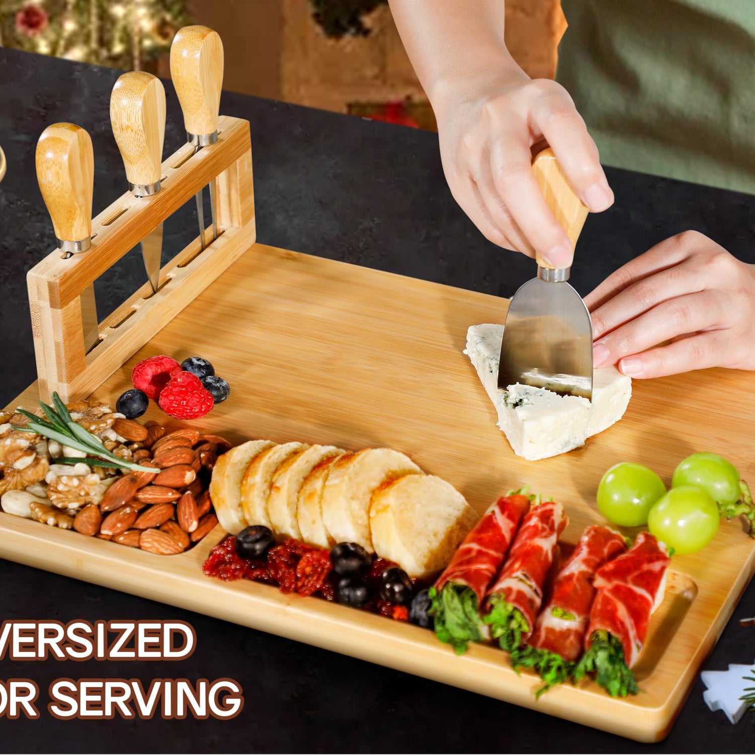 Easoger Cheese Board and Knife Set - Extra Large Charcuterie Boards with Magnetic Knife Holder, Cheese Platter Gift for Christmas, House Warming, Easoger