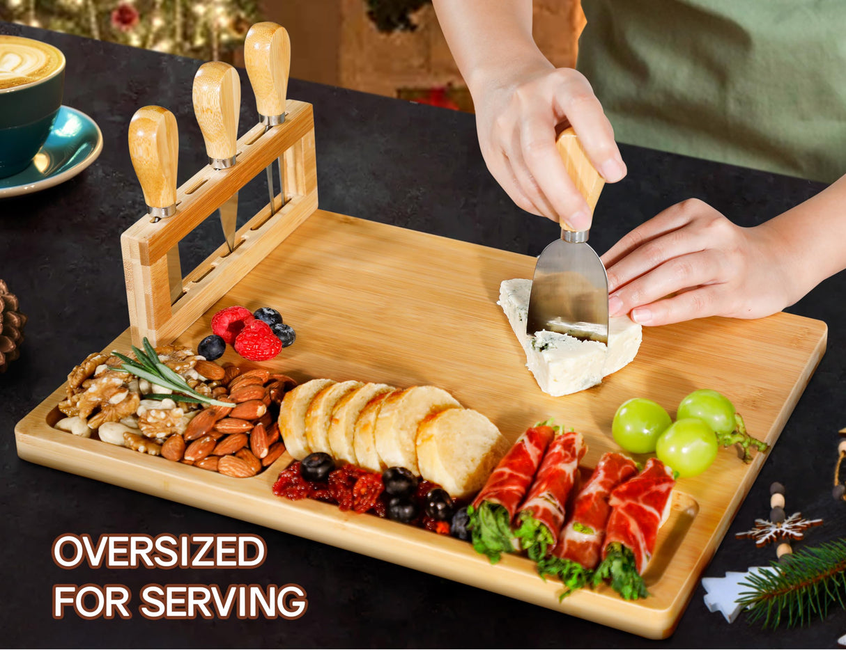 Easoger Cheese Board and Knife Set - Extra Large Charcuterie Boards with Magnetic Knife Holder, Cheese Platter Gift for Christmas, House Warming, Easoger