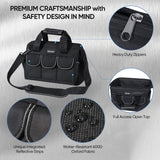 TICONN 12in Tool Bag with Waterproof Soft Bottom, Multi-Pockets Wide Mouth Tool Tote with Safety Reflective Straps, Adjustable Shoulder Strap TICONN