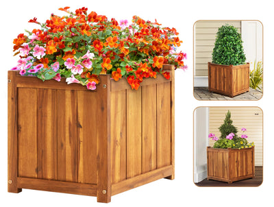 Idzo Hardwood Outdoor Flower Box, Durable Acacia Wood Flower Boxes for Outdoor Plants with Ergonomic Handles, Drainage Holes, Multiple Sizes Wood