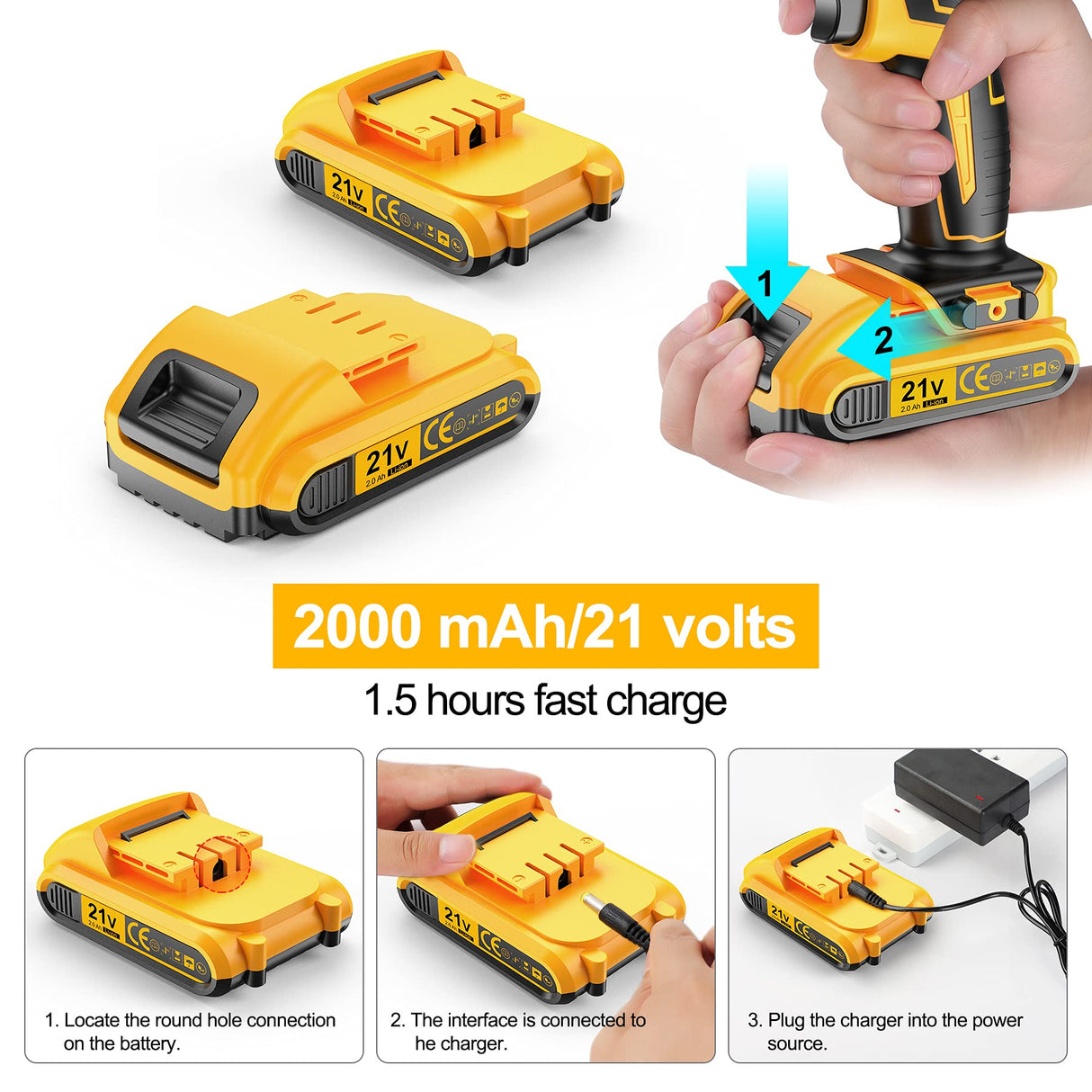 JayLene 21V Cordless Drill Set, Power Drill 59Pcs with 3/8 Inch Keyless Chuck, 25 3 Clutch Electric Drill with Work Light, Max torque 45Nm, Jaylene