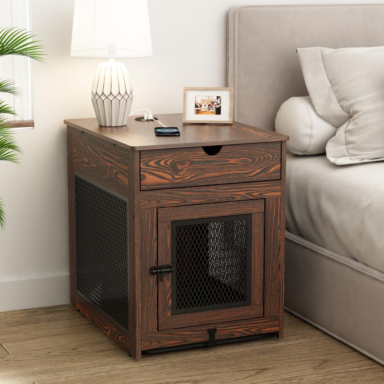 Piskyet Dog Crate Furniture,Wooden Dog Crate End Table with Storage Drawer&Cushion&Tray, QC3.0 Wireless Fast Charging&Dual USB, Dog Crate Indoor Piskyet