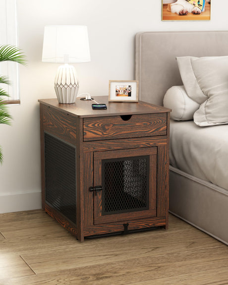 Piskyet Dog Crate Furniture,Wooden Dog Crate End Table with Storage Drawer&Cushion&Tray, QC3.0 Wireless Fast Charging&Dual USB, Dog Crate Indoor Piskyet