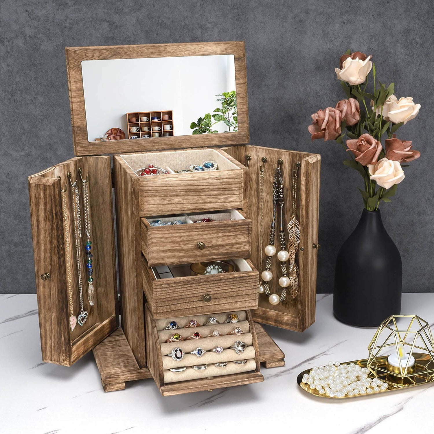 Emfogo Jewelry Box for Women, Rustic Wooden Jewelry Boxes & Organizers with Mirror, 4 Layer Jewelry Organizer Box Display for Rings Earrings Emfogo