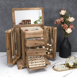 Emfogo Jewelry Box for Women, Rustic Wooden Jewelry Boxes & Organizers with Mirror, 4 Layer Jewelry Organizer Box Display for Rings Earrings Emfogo