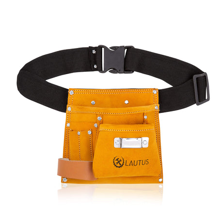 LAUTUS Suede Tool Bag & Adjustable Poly Web Belt | 5 Pockets | Leather Hammer Holder| Tape Measure Holder| Construction Grade| LAUTUS