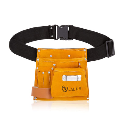 LAUTUS Suede Tool Bag & Adjustable Poly Web Belt | 5 Pockets | Leather Hammer Holder| Tape Measure Holder| Construction Grade|