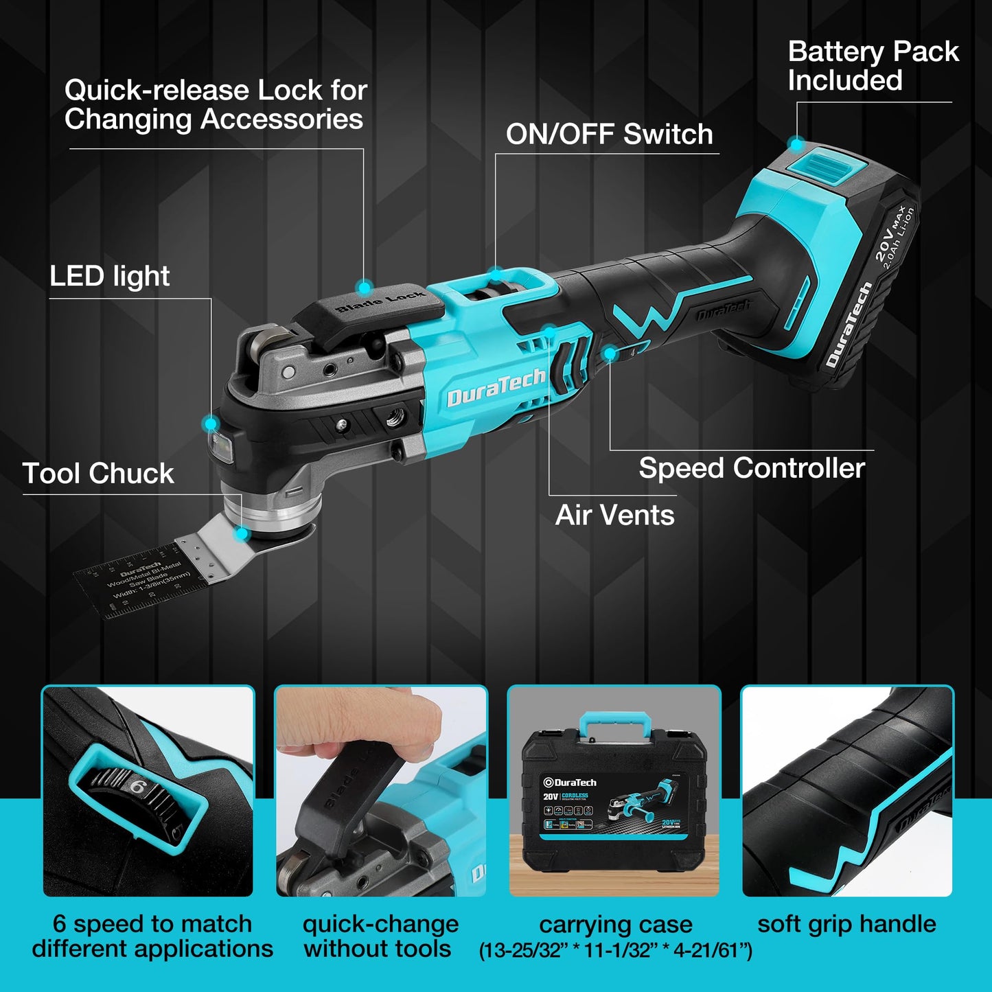 DURATECH Oscillating Tool, 20V Oscillating Multi Tool Kit with 6 Variable Speed, 3° Oscillation Angle, Auxiliary Handle & 23PCS Saw Accessories, - WoodArtSupply