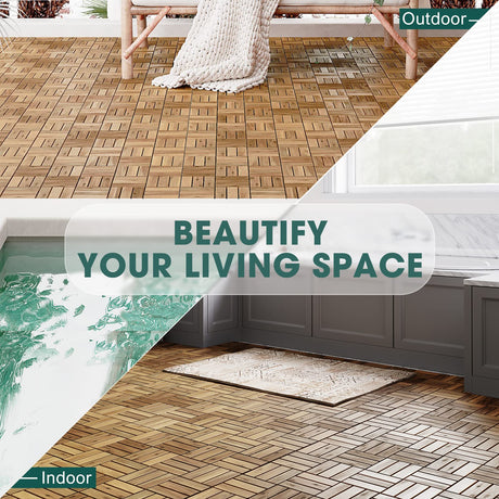 Idzo Interlocking Deck Tiles - 10PCS Waterproof Acacia Wood Patio Tiles, Flooring Tiles for Both Indoor and Outdoor - Decking Checker Pattern, 12 x IDZO